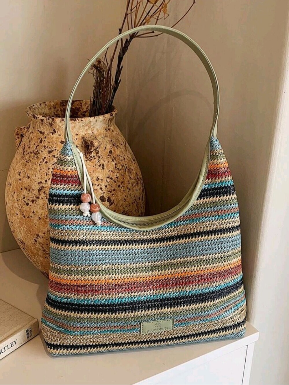 Striped Crochet Hobo Bag in Sage and Multicolor